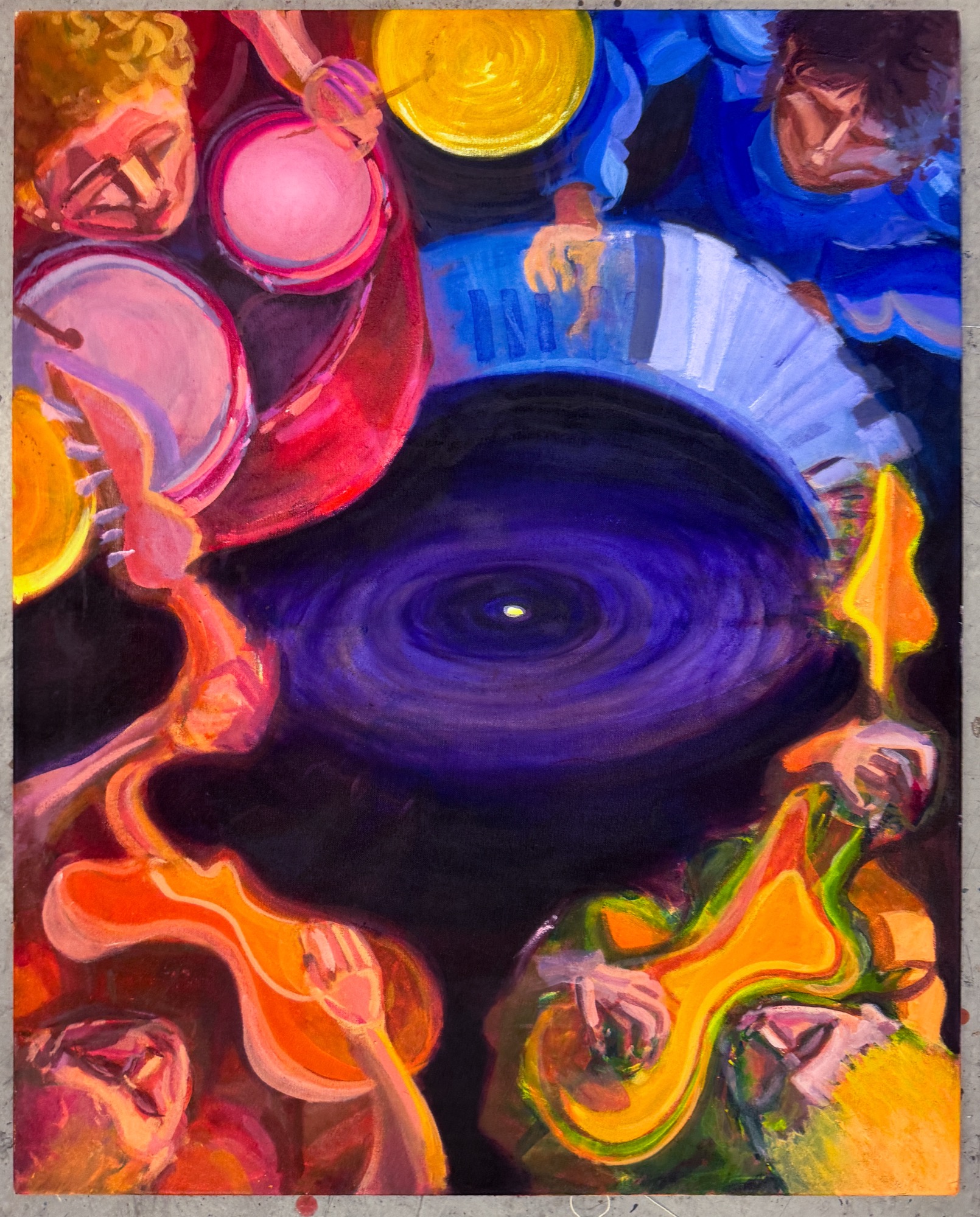 Bird's-eye-view painting of a band playing, circling a deep purple vortex.